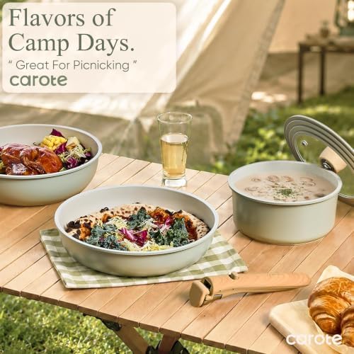 CAROTE Pots and Pans Set, Nonstick Cookware Set Detachable Handle, 19pcs Induction Kitchen Cookware Sets Non Stick with Removable Handle, RV Cookware Set, Oven Safe, Sage Green