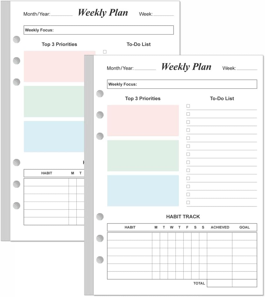 (2-Pack) Weekly Planner Refills for A5 Binders - 106 Sheets/212 Pages Undated Colorful Weekly Planner, 6-Hole Punched, 1