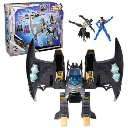 DC Comics, Metal Force Transforming Batwing, 2-in-1 Playset, Includes Batman and Superman Figures, with Projectiles and Character Cards, Kids Toy for Boys Ages 4 and Up
