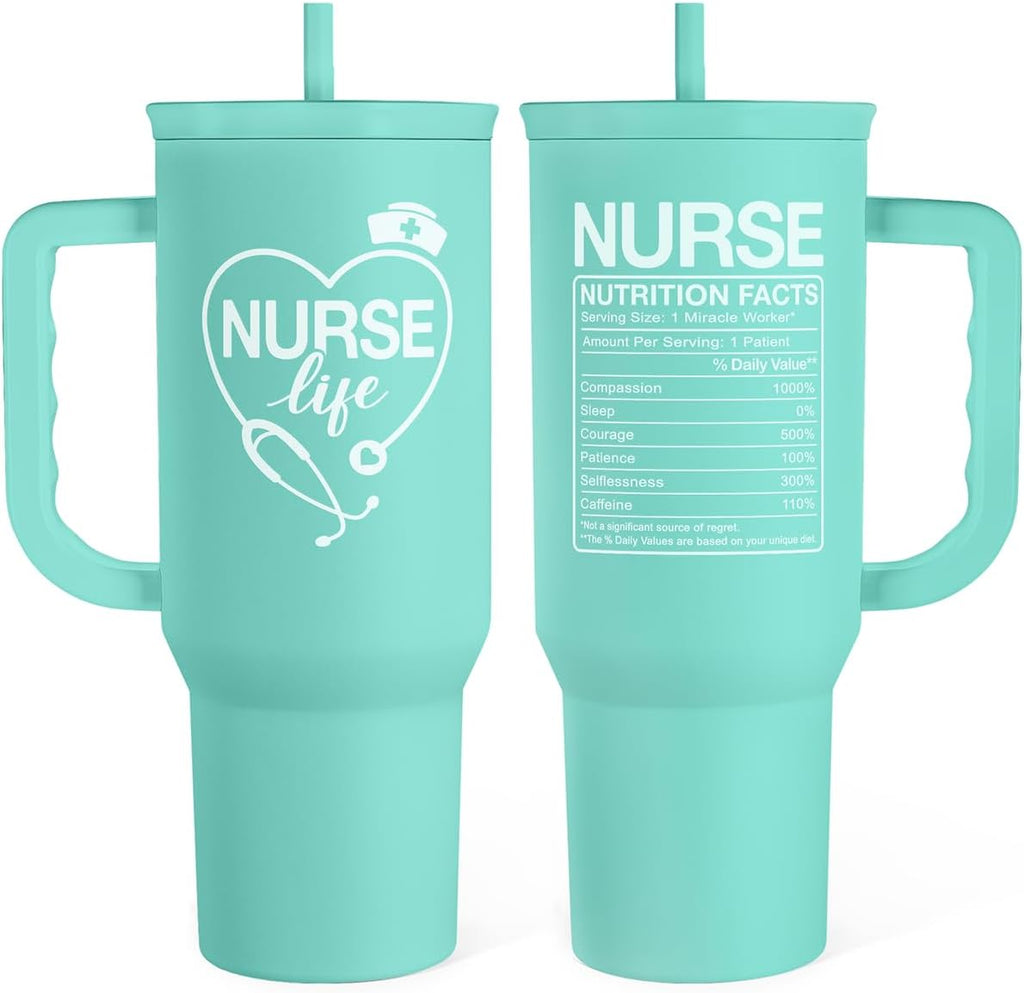 SANDJEST Nurse Gift Tumbler 40oz with Handle and Straw – Nutrition Facts Insulated Stainless Steel Travel Coffee Mug for Nursing Friends - Gifts for Nurse Week, Appreciation, Birthday, Christmas