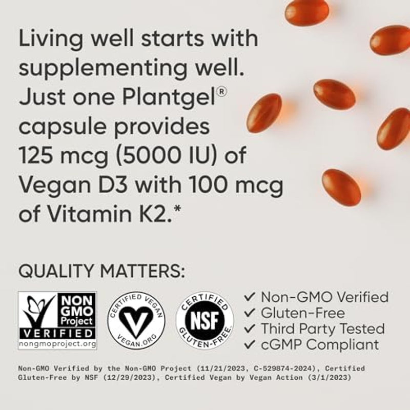 Sports Research® Vitamina D3 + K2 con aceite de coco, vitamina D vegana 5000iu y vitamina K Mk7 de 100 mcg para apoyo óseo e inmunológico, certificado vegano, sin OMG, sin soja, 60 cápsulas blandas