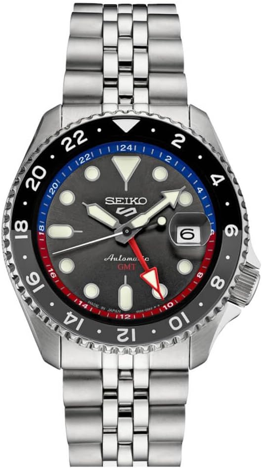 SEIKO SSK019 Automatic Watch for Men - 5 Sports Collection - Men's Sport Watch, Stainless Steel, Charcoal Dial, GMT Hand - Water-Resistant 100M