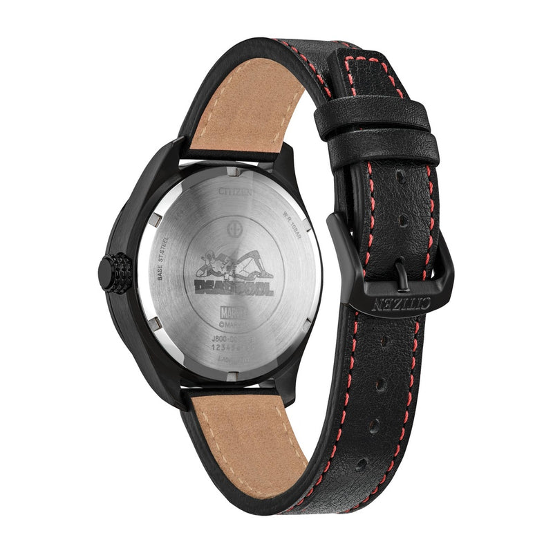 Citizen Eco-Drive Marvel 'Here Comes Deadpool', caja de acero inoxidable negro, correa y esfera negra de cuero