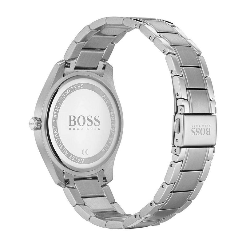 Reloj BOSS para hombre con esfera negra, movimiento de cuarzo y correa de acero inoxidable en color plateado