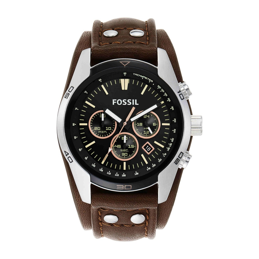 Reloj Fossil Coachman de cuarzo, acero inoxidable y cuero, cronógrafo analógico resistente al agua, color marrón y negro