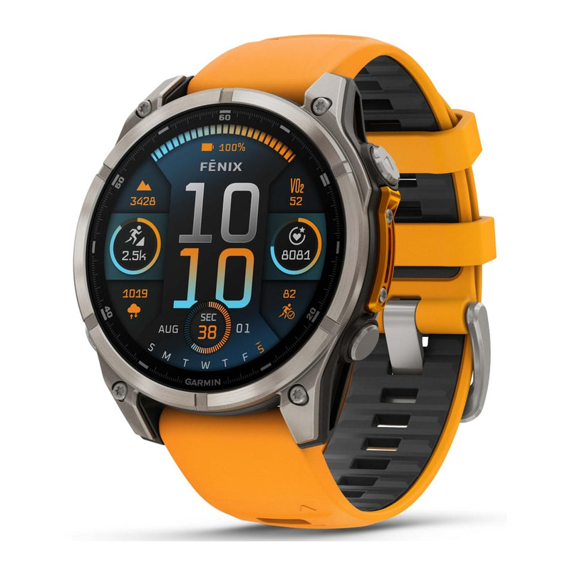Wearable4U - Reloj inteligente Garmin Fenix 8 multideporte AMOLED Sapphire, titanio con banda naranja/graphite