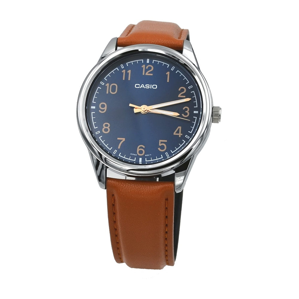 Reloj Casio para hombre analógico con esfera azul y banda de cuero marrón, movimiento de cuarzo japonés, resistente al agua