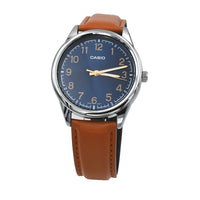Reloj Casio para hombre analógico con esfera azul y banda de cuero marrón, movimiento de cuarzo japonés, resistente al agua