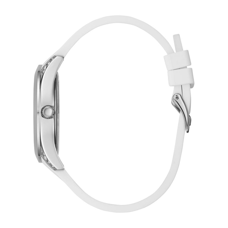 Reloj GUESS con cristal multicolor, carcasa plateada y silicona blanca resistente a manchas, perfecto para mujeres elegantes