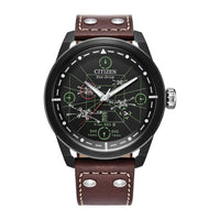 Reloj Citizen Eco-Drive X-Wing y Tie Fighter de acero inoxidable, correa de cuero marrón, modelo AW1738-05W