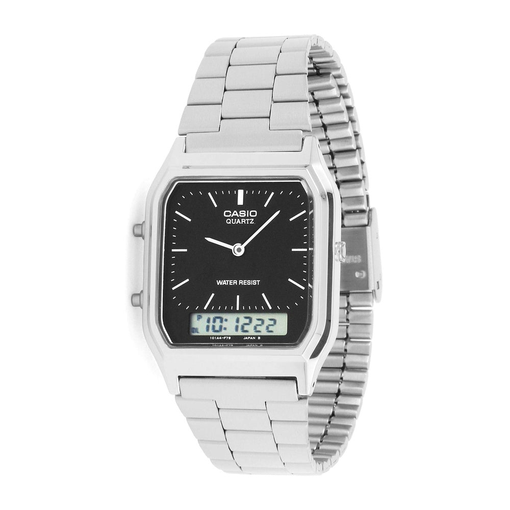 Casio Reloj Unisex AQ-230A de Acero Para Adultos, Pantalla Analógico-Digital, Resistente al Agua, Temporizador