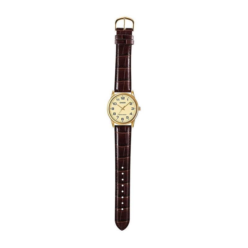Casio Reloj de cuarzo de acero inoxidable para hombre, correa de cuero marrón, modelo EAW-MTP-V001GL-9B