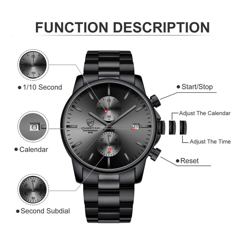Reloj cronógrafo para hombre GOLDEN HOUR, acero inoxidable, resistente al agua, movimiento de cuarzo y fecha automática