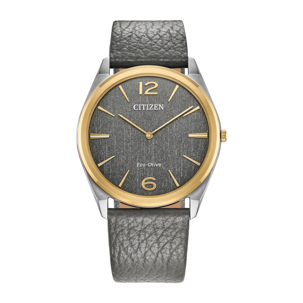 Citizen Reloj unisex Eco-Drive Classic Eco, acero inoxidable de dos tonos, correa de cuero gris, modelo AR3124-07H