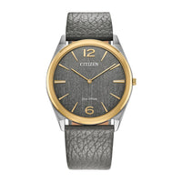 Citizen Reloj unisex Eco-Drive Classic Eco, acero inoxidable de dos tonos, correa de cuero gris, modelo AR3124-07H