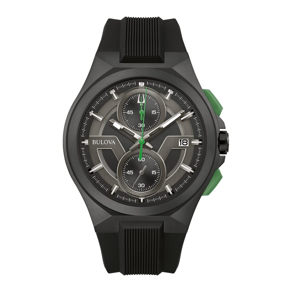 Bulova Maquina Sport - Reloj de cuarzo para hombre con caja de acero inoxidable negro, cronógrafo 6 manecillas y correa de silicona