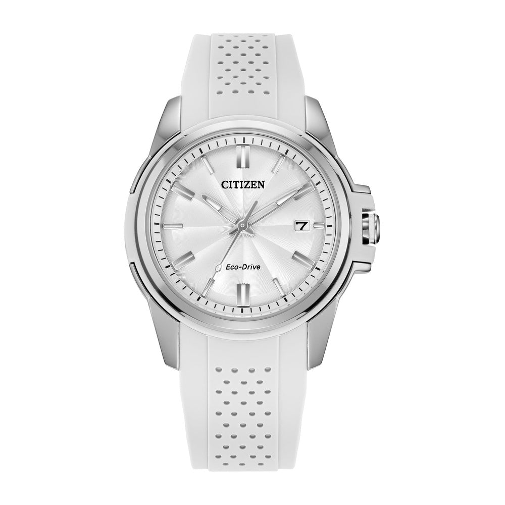 Citizen Eco-Drive Classic Reloj de Acero Inoxidable Plateado con Correa de Goma Blanca y Esfera Blanca