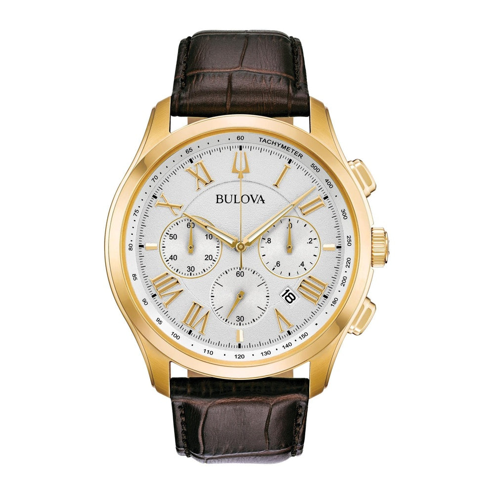 Bulova Reloj para hombre con correa de cuero marrón y cronógrafo clásico de acero inoxidable dorado