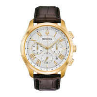 Bulova Reloj para hombre con correa de cuero marrón y cronógrafo clásico de acero inoxidable dorado