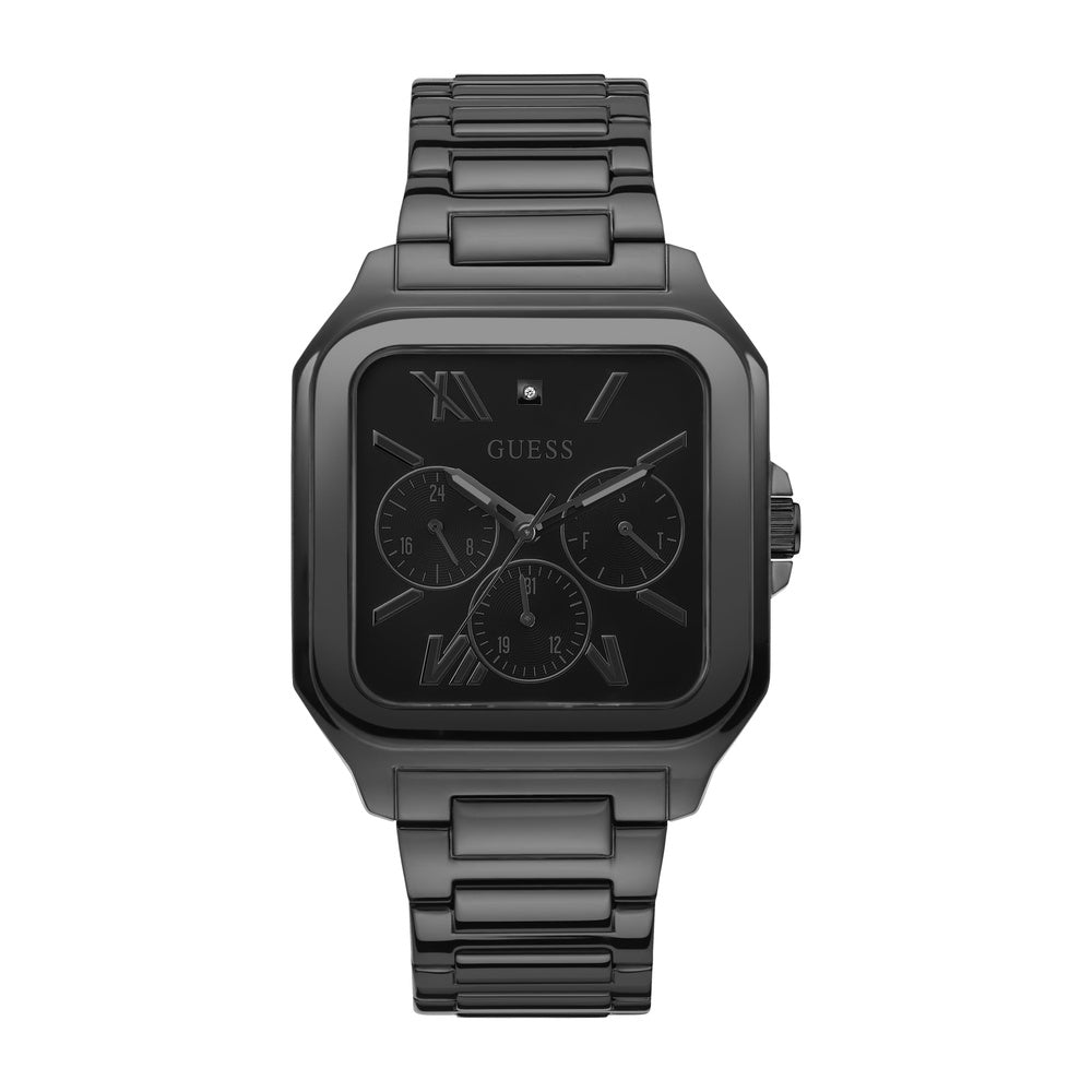 Reloj GUESS para hombre, diseño cuadrado de 42 mm, con temporizador, esfera negra y pulsera de acero inoxidable