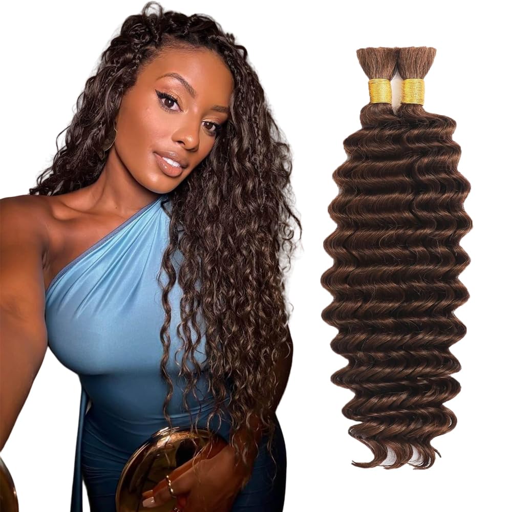 #4 Brown Human Braiding Hair for Boho Braids 26 26 26 Inch Chocolate Brown Deep Wave Bulk Human Hair Dark Brown Knotless