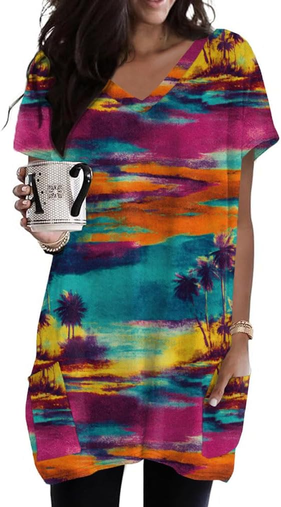 Poetsky Blouses for Women Dressy Casual V-Neck 3/4 Length Sleeve Womens Tops with Pockets Hawaiian Pattern S