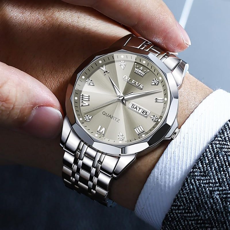 OLEVS Watch for Men Diamond Business Dress Analog Quartz Stainless Steel Waterproof Luminous Date Two Tone Luxury Casual Wrist Watch Blue