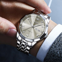 OLEVS Watch for Men Diamond Business Dress Analog Quartz Stainless Steel Waterproof Luminous Date Two Tone Luxury Casual Wrist Watch Blue