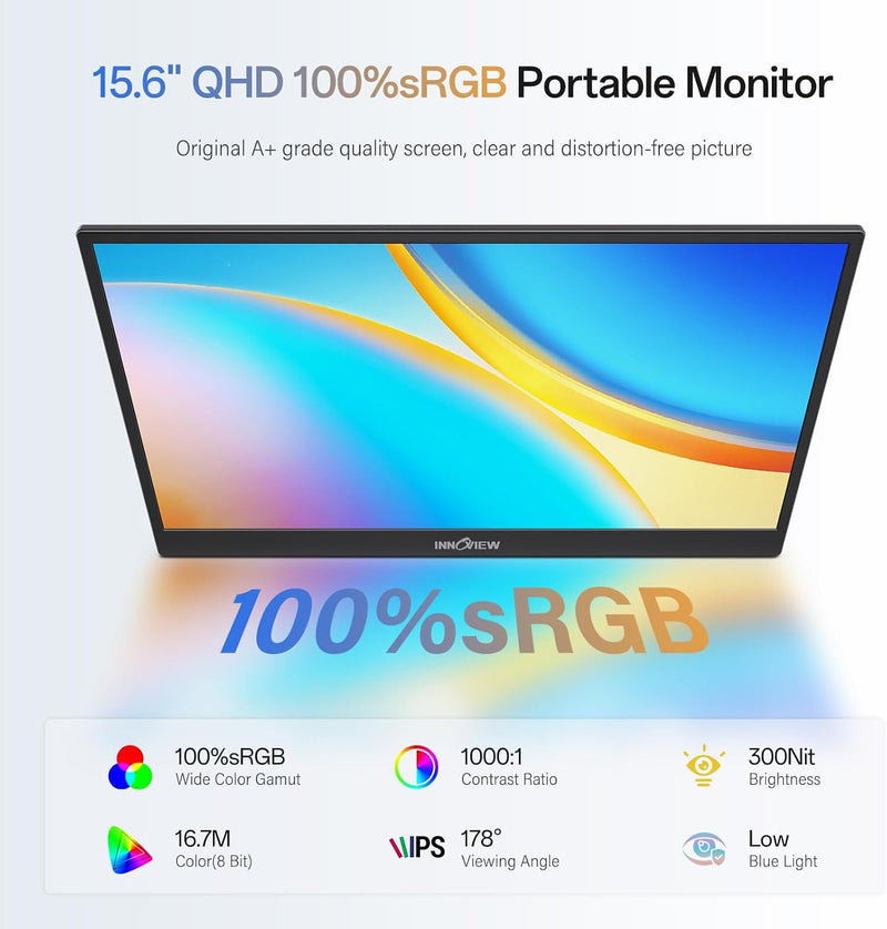 InnoView 2K Portable Monitor 15.6" QHD 100% sRGB, Built-in 180° Adjustable Stand Travel Monitor USB C Standard HDMI Ultra-Slim Portable Monitor for Laptop MacBook Phone PS5 Xbox Switch