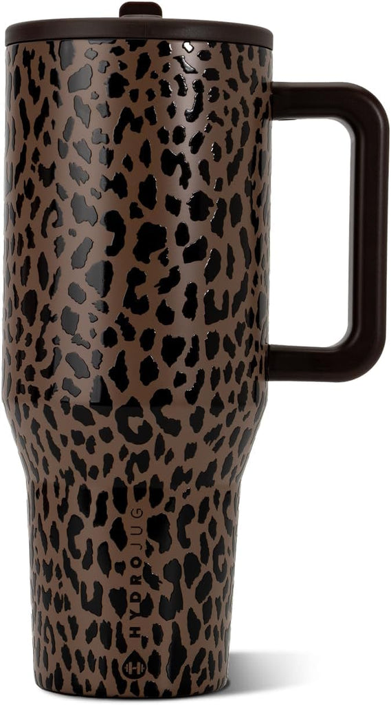 HydroJug Traveler 40oz, Insulated Tumbler with Handle & Straw, Brown Leopard