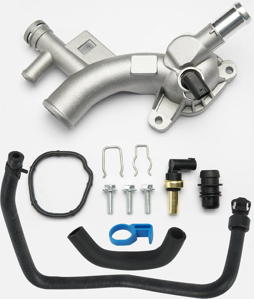 Aluminum Engine Coolant Housing Water Outlet Kit with Inlet Hose and Oil Cooler Hose Compatible with 2011-2021 Chevy Cru