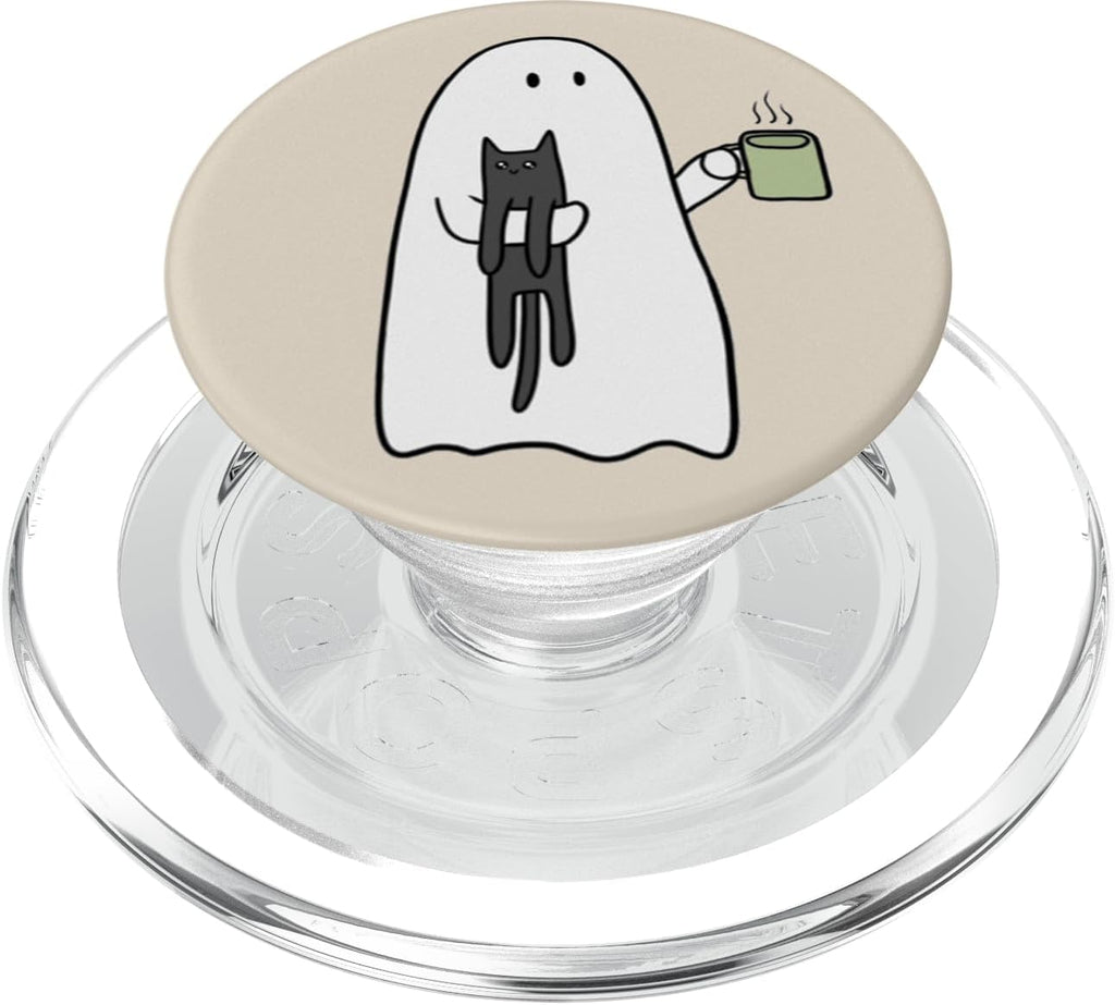 Spooky Ghost Holding Cat Coffee Lover Bookish Reading PopSockets PopGrip for MagSafe