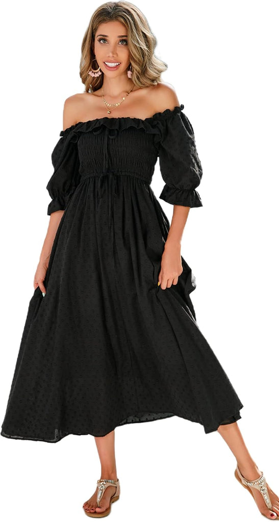 R.Vivimos Women Summer Cotton A Line Flowy Long Dresses, Black#2, Medium