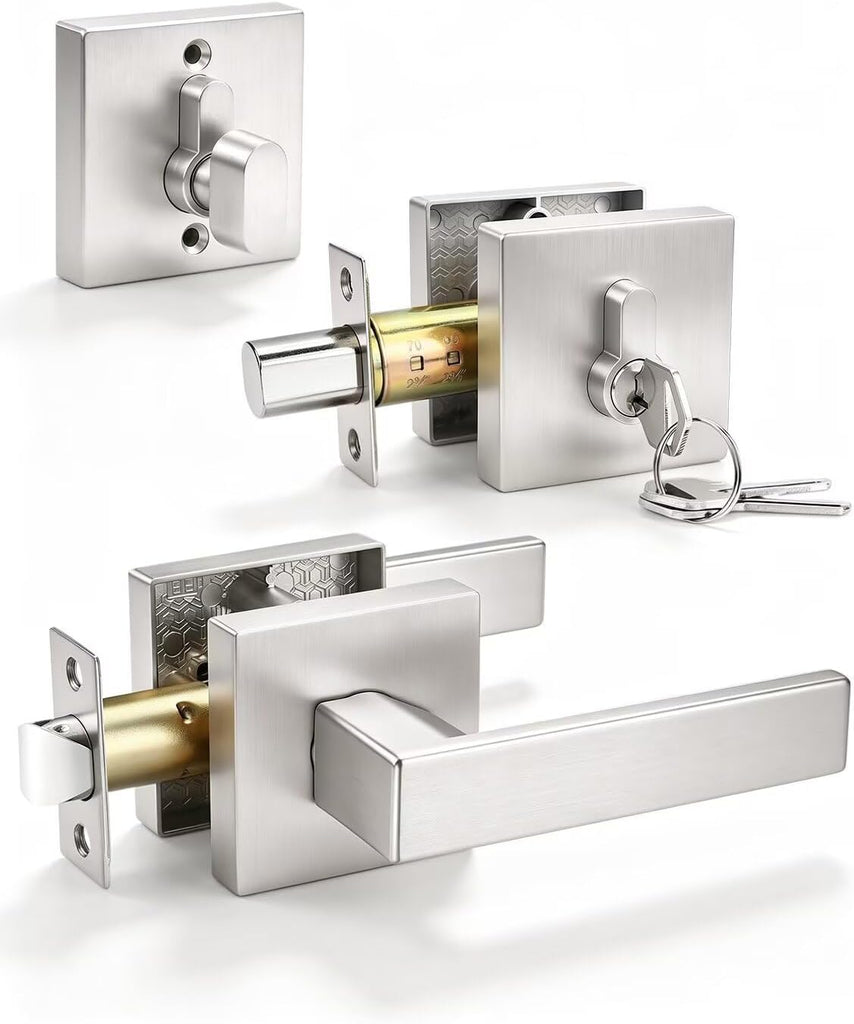 Tinewa 1 Pack Brushed Nickel Passage Door Lever with Single Cylinder Deadbolt, Exterior Square Door Handle with Deadbolt