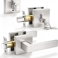 Tinewa 1 Pack Brushed Nickel Passage Door Lever with Single Cylinder Deadbolt, Exterior Square Door Handle with Deadbolt