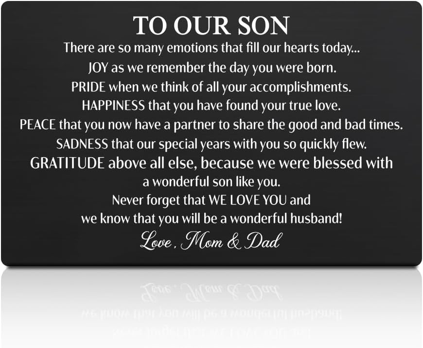 GEYGIE To Our Son On Your Wedding Day Black Wallet Card, Engraved Metal Wallet Insert Card Encouragement Greeting from M