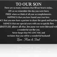 GEYGIE To Our Son On Your Wedding Day Black Wallet Card, Engraved Metal Wallet Insert Card Encouragement Greeting from M