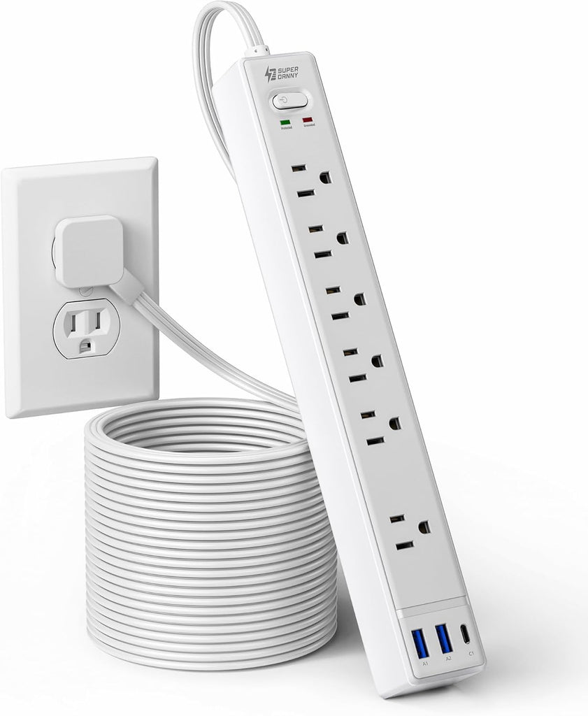 15Ft Long Extension Cord, SUPERDANNY Flat Plug Surge Protector Power Strip