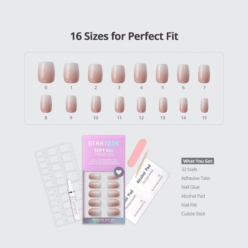 BTArtbox - Uñas postizas cortas cuadradas con efecto ombré color vainilla, de gel suave, reutilizables, con pegamento, 30 piezas en 15 tamaños, diseño Vanilla Cream
