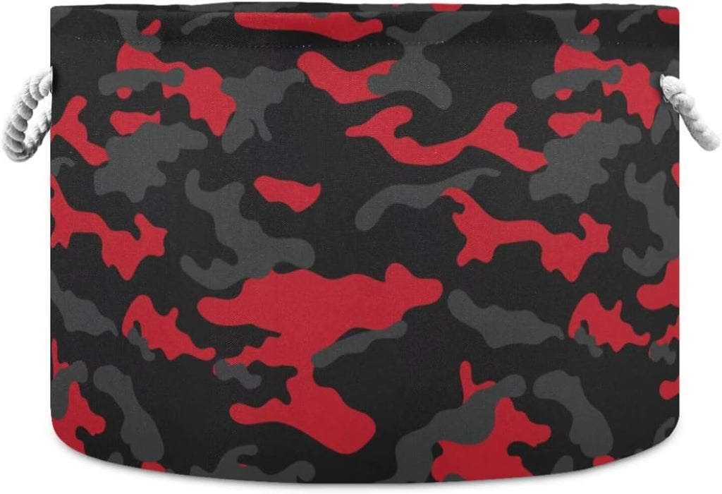 LEANSHSA Red Black Camo Print Collapsible Round Storage Basket with Handles