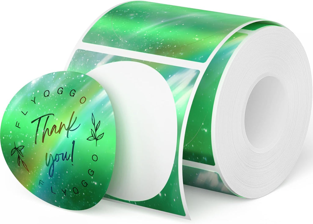 FLYQGGO 2-Inch Holographic Thermal Stickers - Rainbow Glitter Finish, Water-Proof & Tear-Resistant Label, No Residue Removable Label for Price/Name Tag, Logo Design, Aurora Dark Green(200Pcs/Roll)