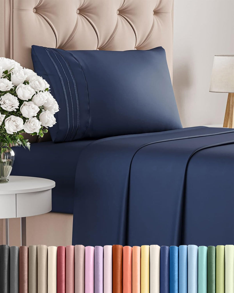 Twin Size 3 Piece Sheet Set - Comfy Breathable & Cooling Sheets - Navy Blue