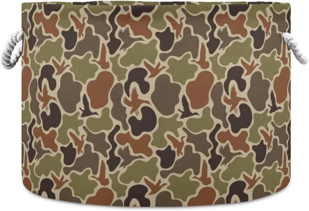 LEANSHSA Duck Hunter Camo Collapsible Round Storage Basket with Handles
