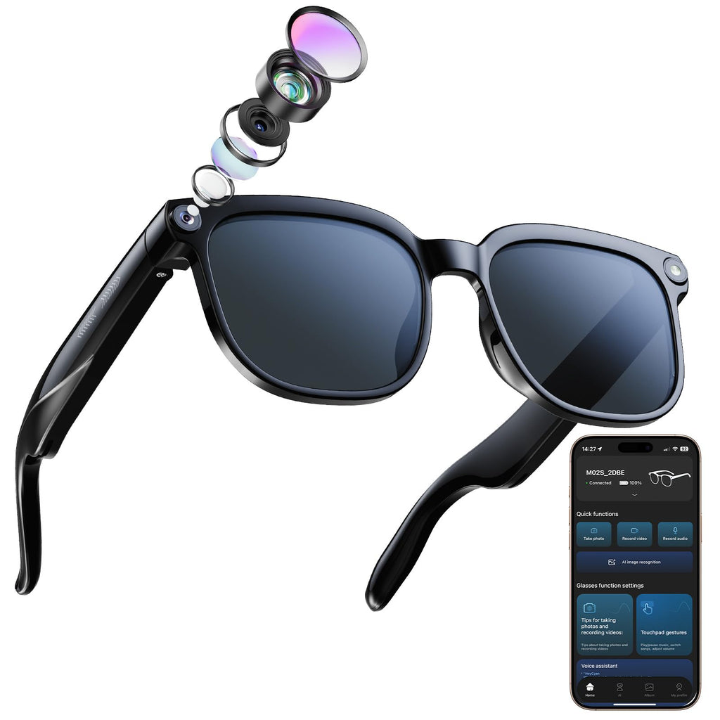 CJkao Smart Glasses with Camera, Bluetooth Music & Call, 800W HD Camera Glasses, 1080P Video Recording, Built-in ChatGPT
