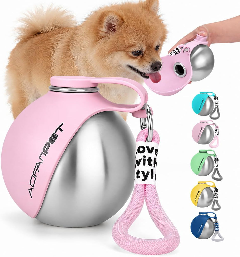 Portable Dog Water Bottle 10oz Stainless Steel Travel Dog Water Dispenser with Bowl No-Spill Puppy Water Bottle for Walk