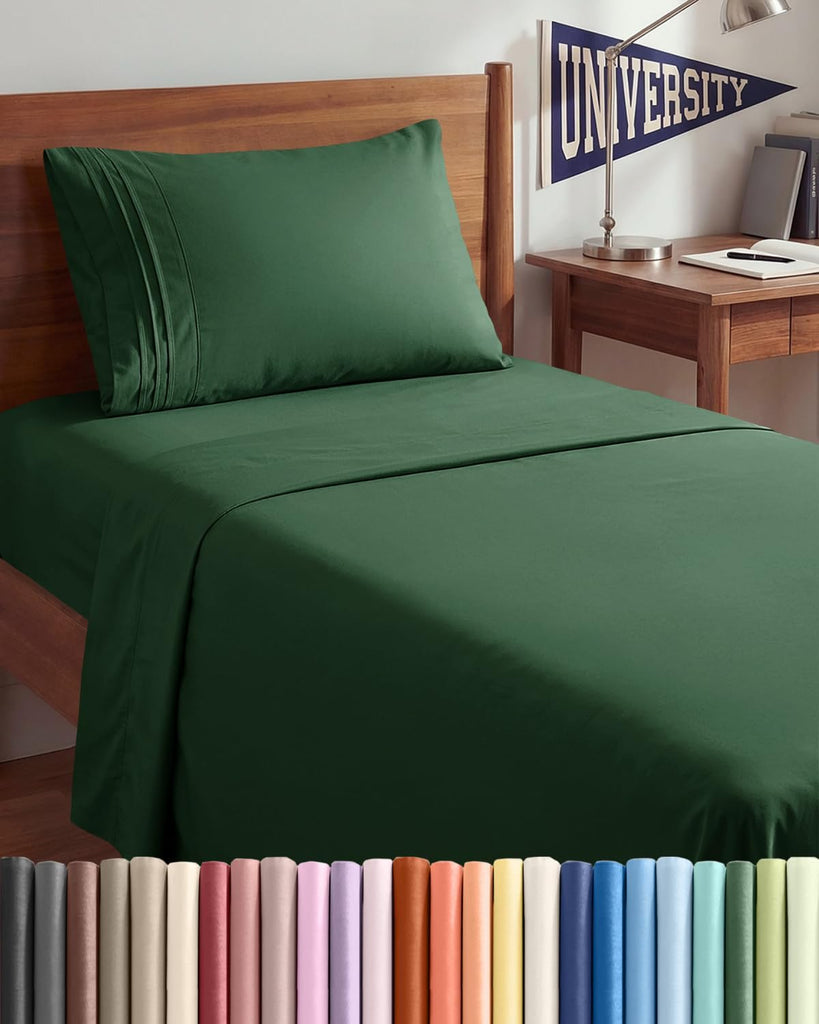 Twin XL 3 Piece Sheet Set - College Dorm Room Essentials - Emerald Green