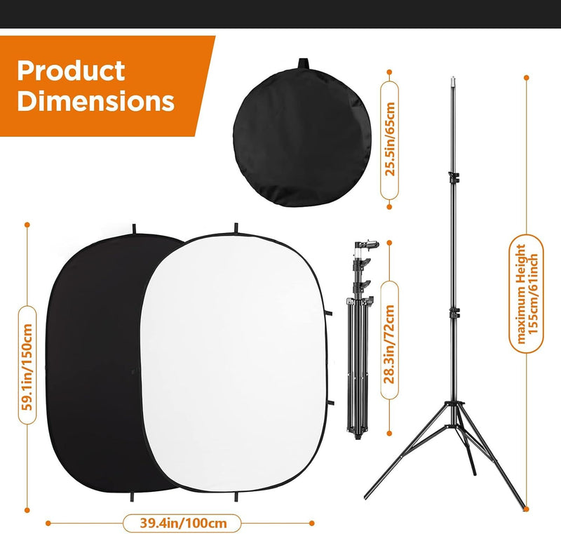 Hahawalker Portable Chromakey Black/White Backdrop with Stand,59 * 39 inch Pop Up Collapsible Backdrop,Foldable Black&White Screen 2 in 1 Backscreen for Photo and Video Shooting,Gaming (Black & White)