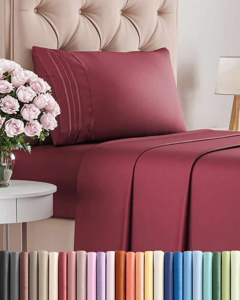 Twin Size 3 Piece Sheet Set - Comfy Breathable & Cooling Sheets - Burgundy