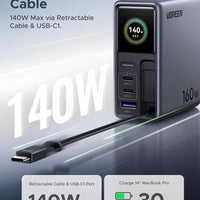 UGREEN Nexode Pro 160W Charger with Retractable Cable, Smart Display & APP Control, 4-Port GaN Fast USB C Wall Block, Type-C Charging Compatible for MacBook Pro/Air, iPhone 17/16 Series, iPad, Galaxy