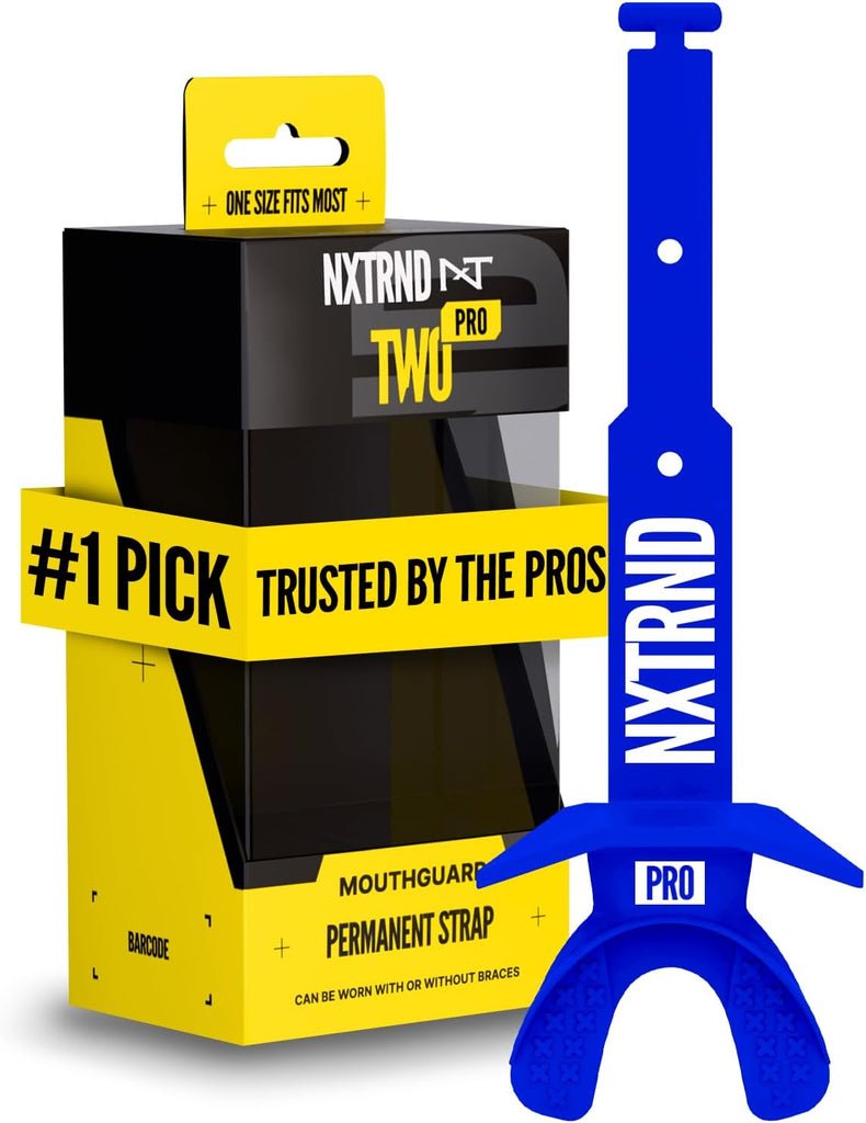Nxtrnd Two Pro Football Mouth Guard, Permanent Strap, Fits Adult & Youth (Blue)